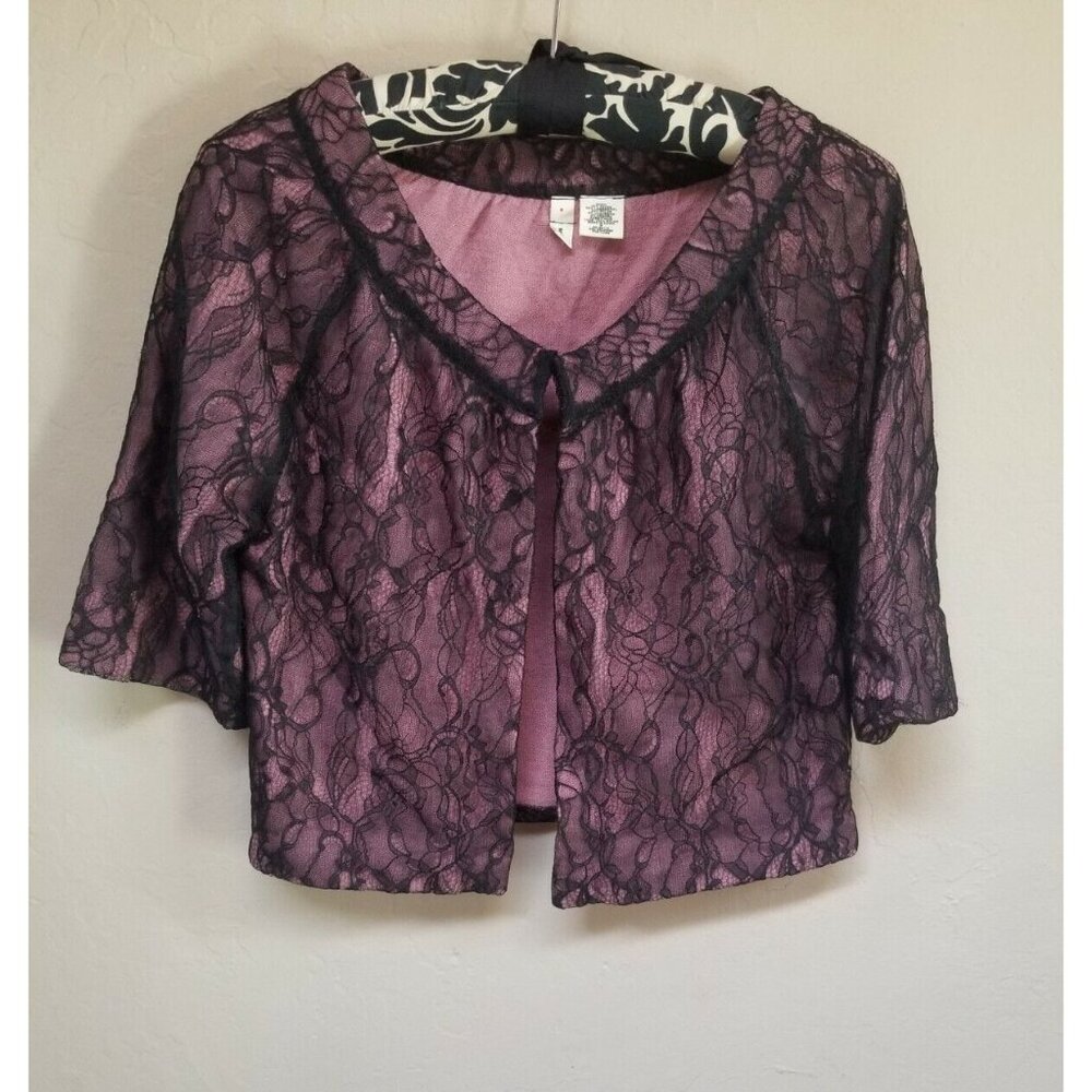 MOTH Womens Medium Lace Cropped Shrug Sweater Short Sleeves Top Black Pink